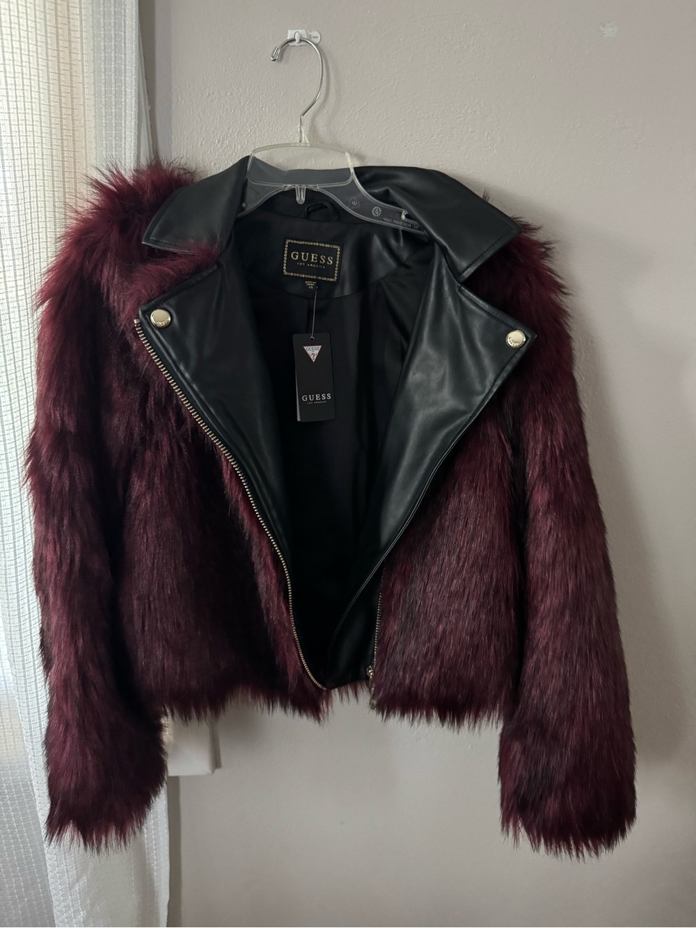 GUESS Burgundy Faux Fur & Black Faux-Leather Moto Jacket